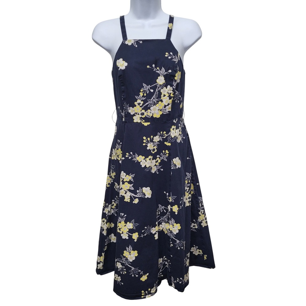 Rachel Roy Navy Blue Floral Midi Dress Yellow Cherry Blossom Square Neck Size 0